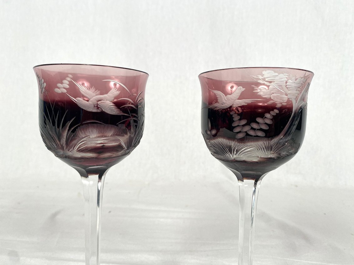 Moser In Karlsbad (czechoslovakia). Six Engraved Purple Crystal Stemmed Glasses-photo-1