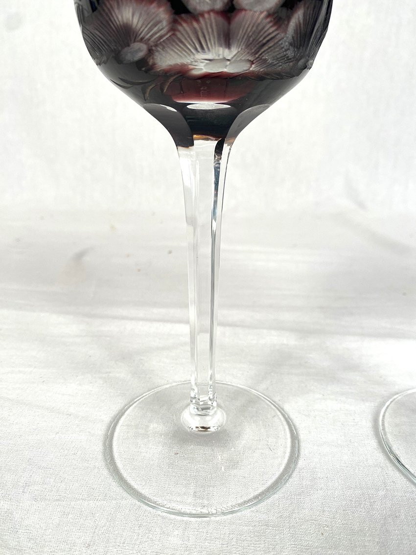 Moser In Karlsbad (czechoslovakia). Six Engraved Purple Crystal Stemmed Glasses-photo-3