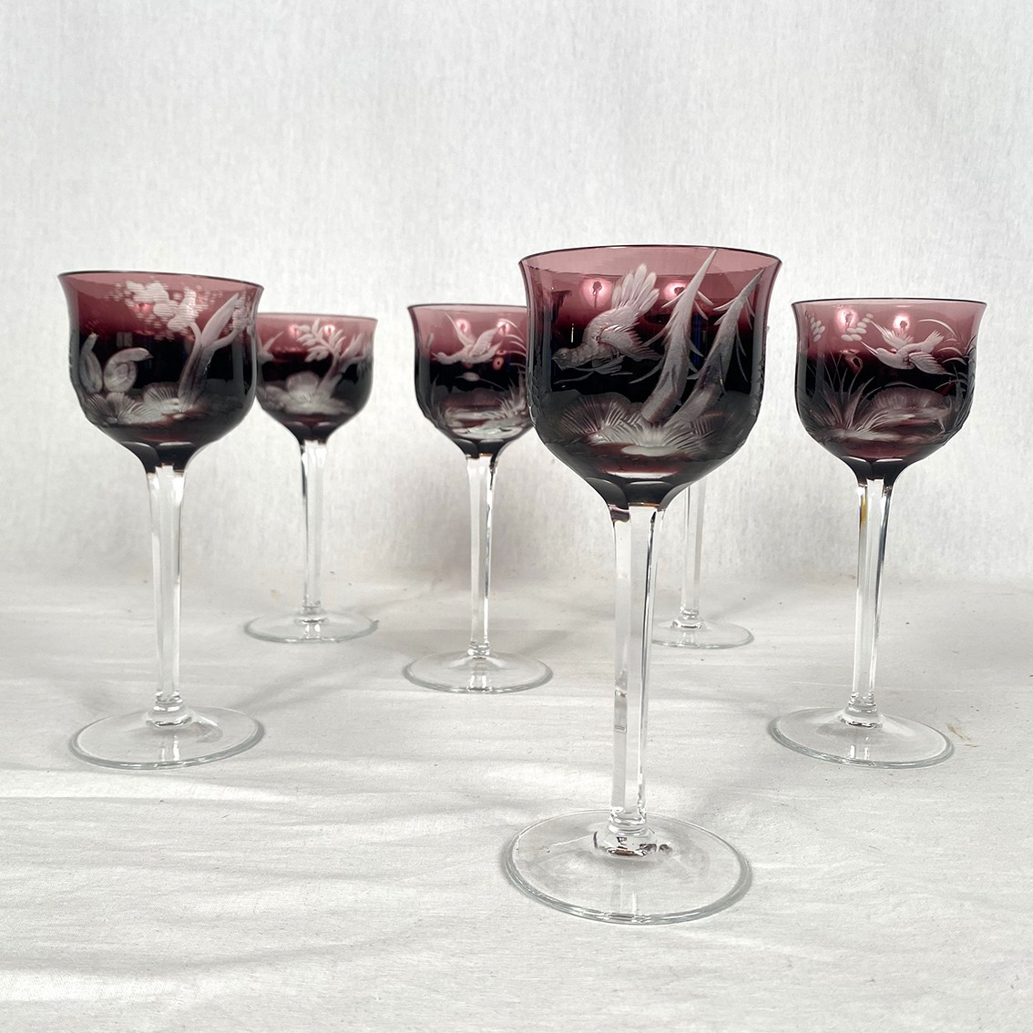 Moser In Karlsbad (czechoslovakia). Six Engraved Purple Crystal Stemmed Glasses