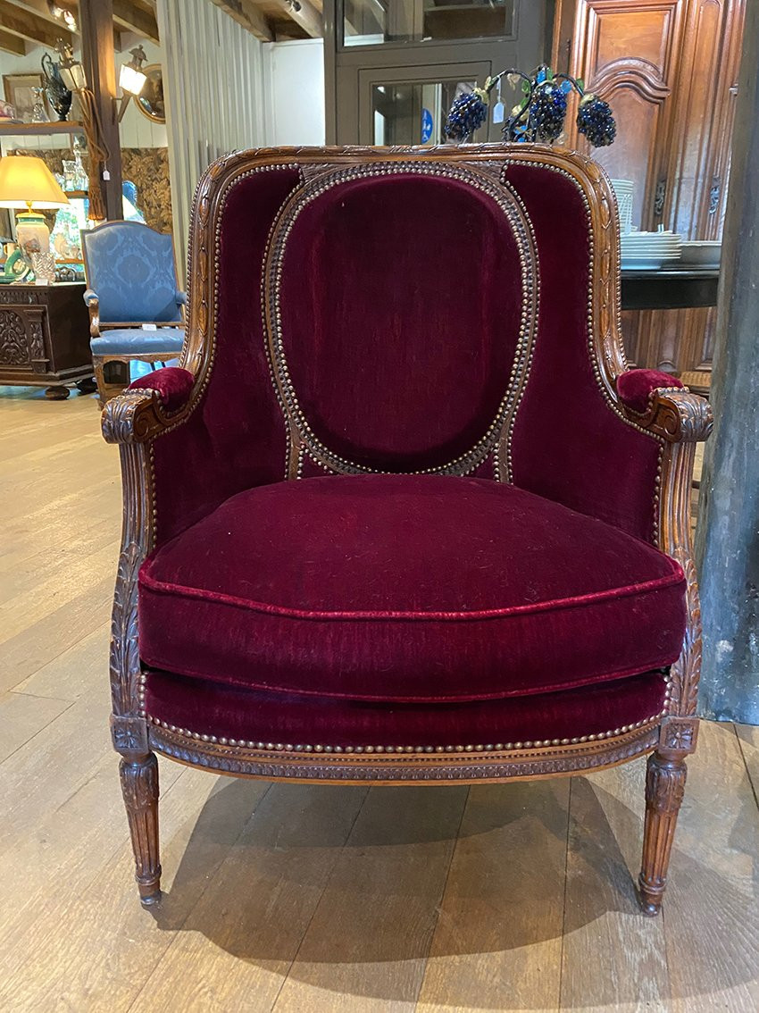 Pair Of Louis XVI Style Armchairs With Medallion Backs. Upholstered In Burgundy Velvet.-photo-4