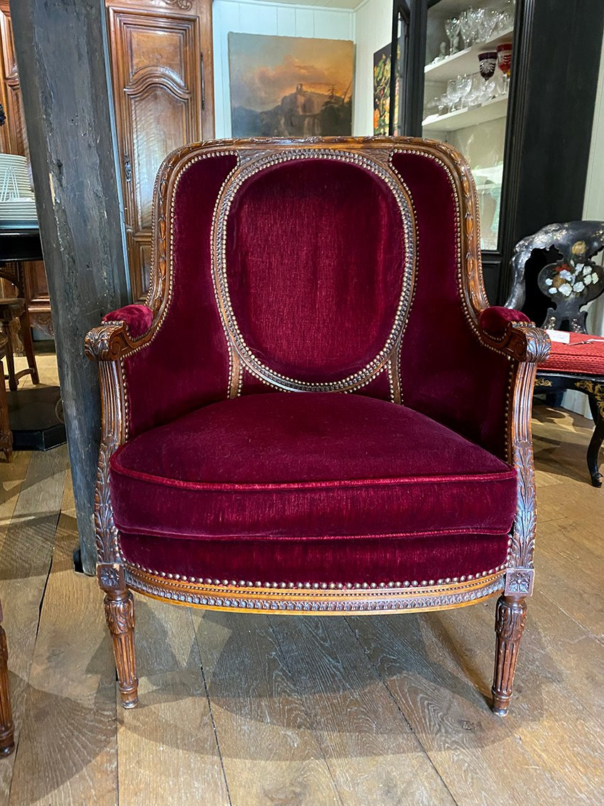 Pair Of Louis XVI Style Armchairs With Medallion Backs. Upholstered In Burgundy Velvet.-photo-1