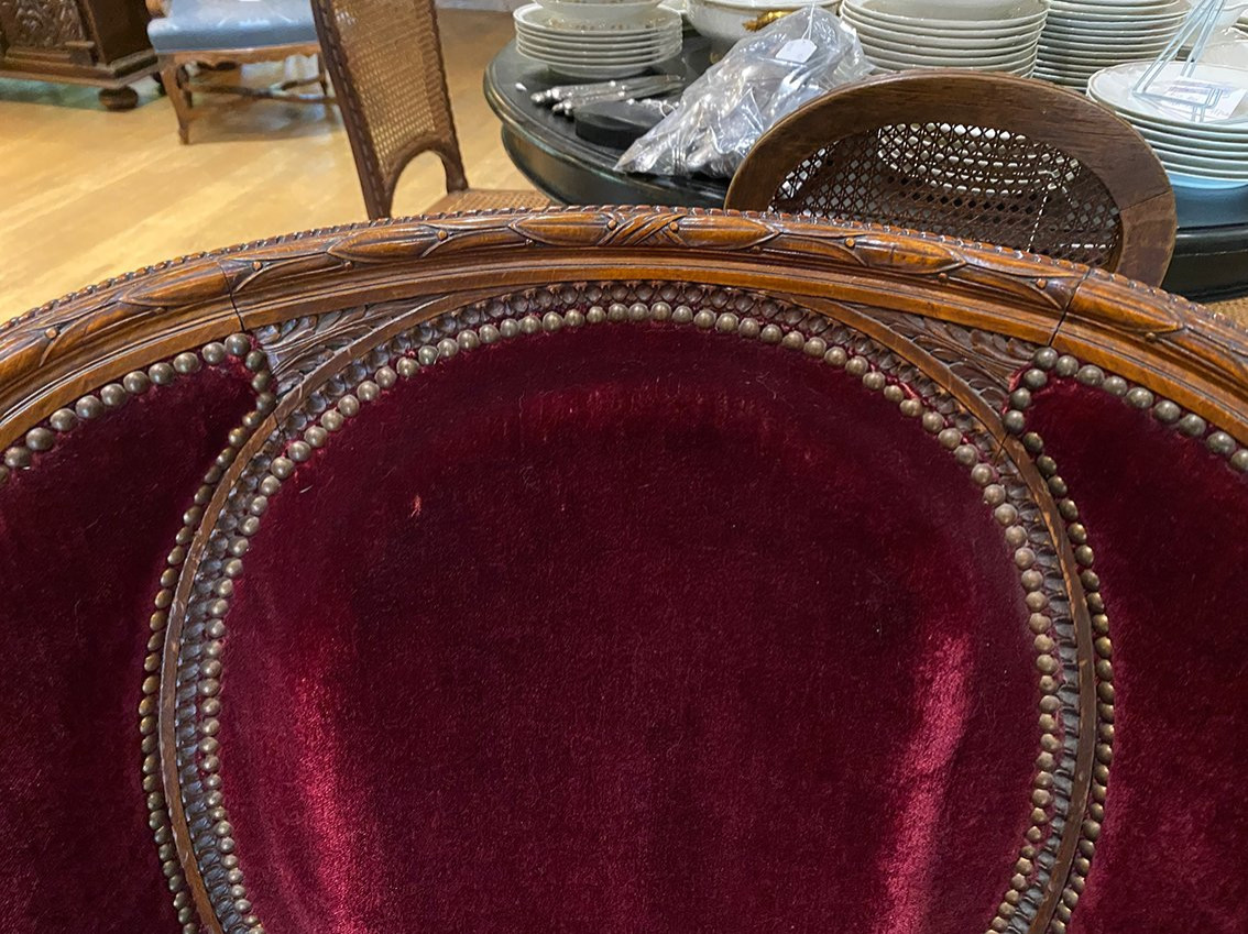 Pair Of Louis XVI Style Armchairs With Medallion Backs. Upholstered In Burgundy Velvet.-photo-2