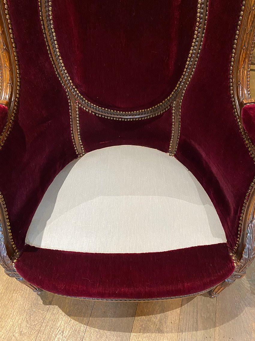 Pair Of Louis XVI Style Armchairs With Medallion Backs. Upholstered In Burgundy Velvet.-photo-6
