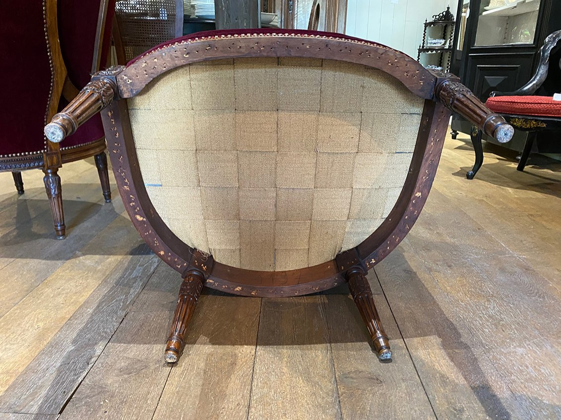 Pair Of Louis XVI Style Armchairs With Medallion Backs. Upholstered In Burgundy Velvet.-photo-8