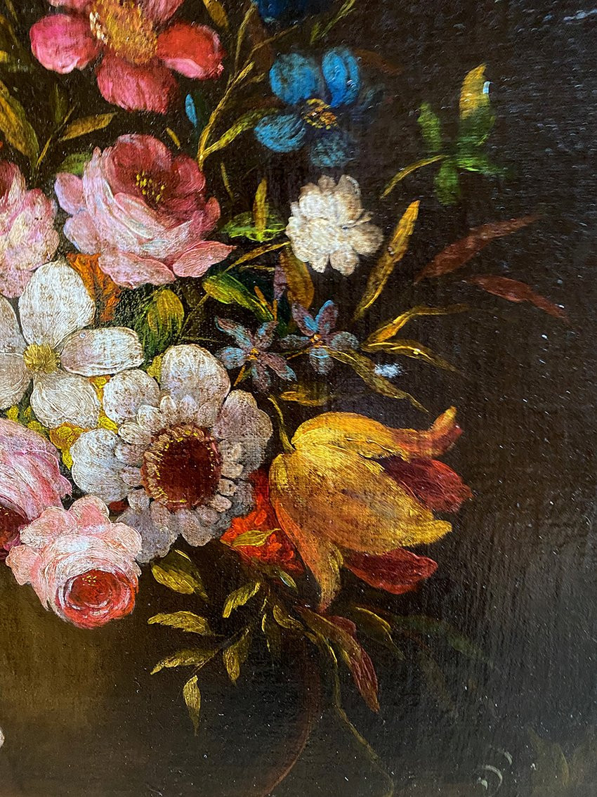 « Bouquets de fleurs sur un entablement », paire d’huiles sur toile début XXe-photo-1