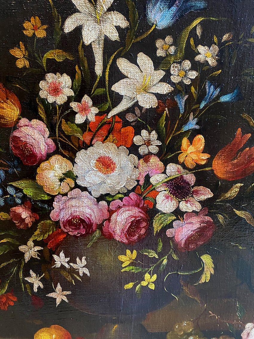 « Bouquets de fleurs sur un entablement », paire d’huiles sur toile début XXe-photo-2