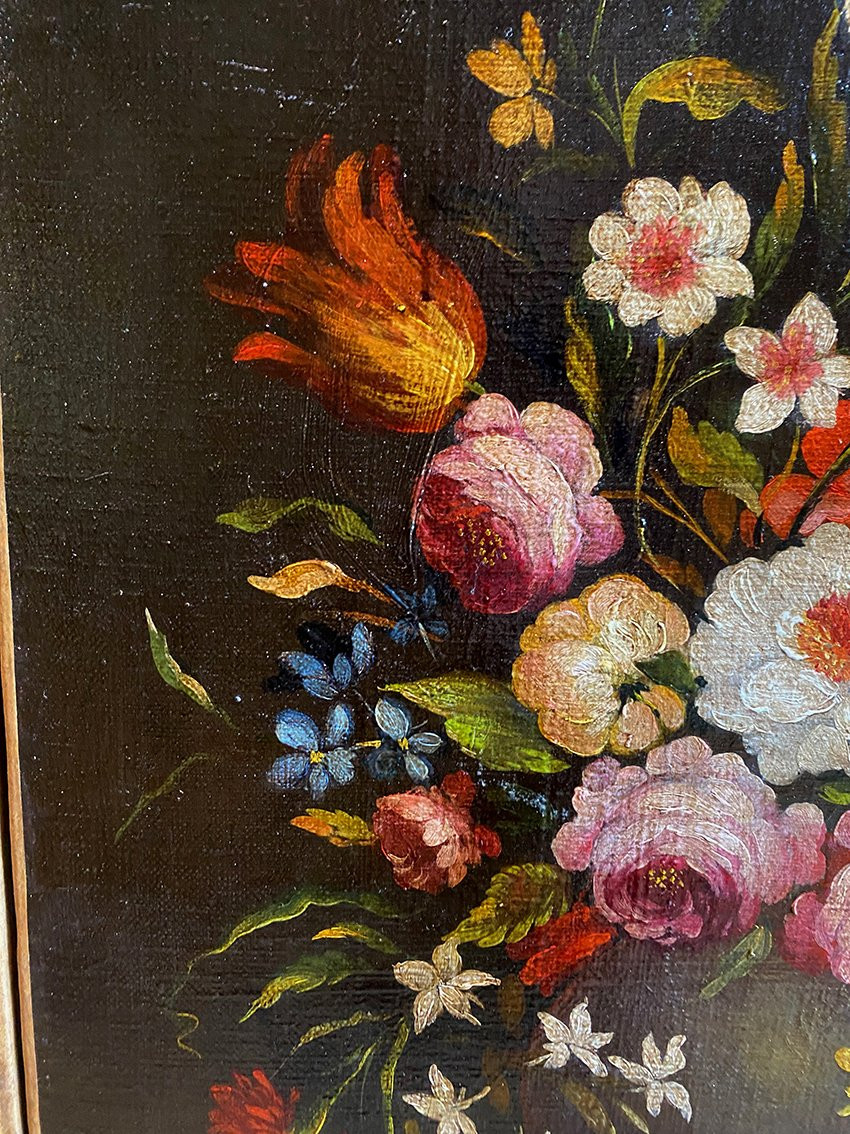 « Bouquets de fleurs sur un entablement », paire d’huiles sur toile début XXe-photo-4