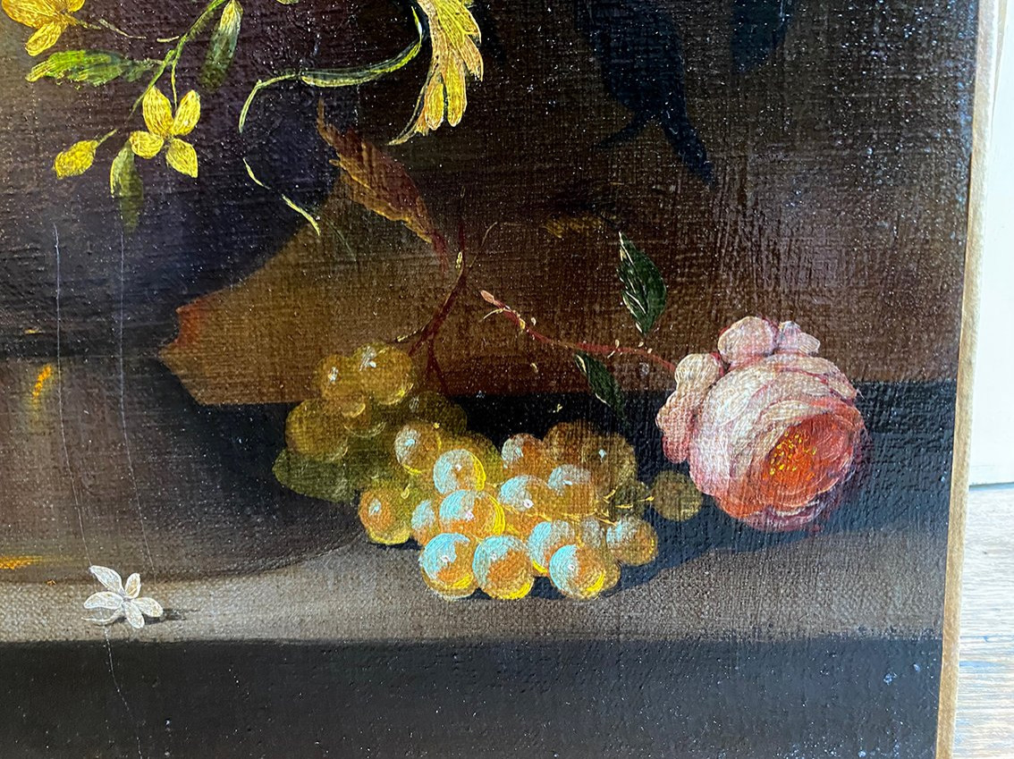 « Bouquets de fleurs sur un entablement », paire d’huiles sur toile début XXe-photo-6
