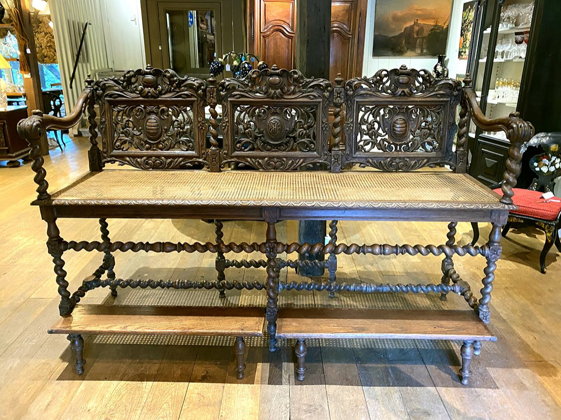 Large, Richly Carved Neo-renaissance Oak Billiard Bench, 19th Century-photo-2