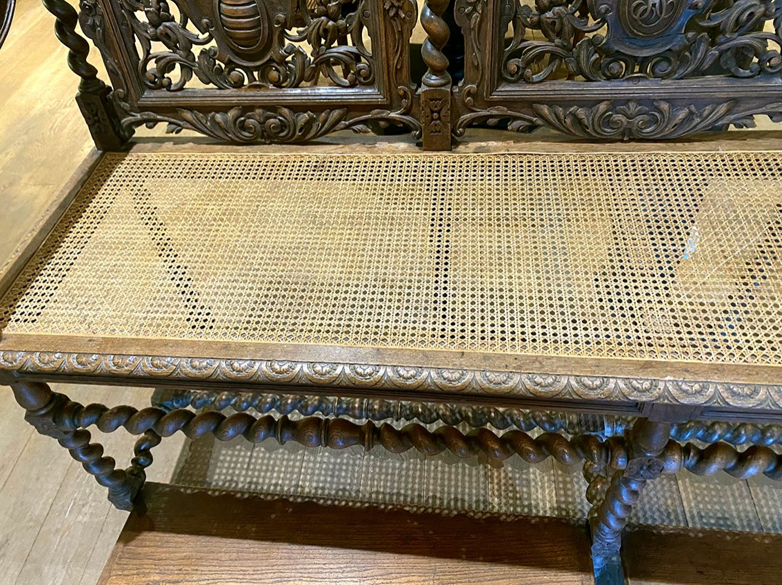 Large, Richly Carved Neo-renaissance Oak Billiard Bench, 19th Century-photo-4