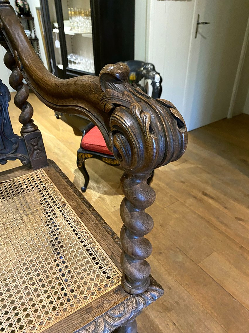 Large, Richly Carved Neo-renaissance Oak Billiard Bench, 19th Century-photo-5