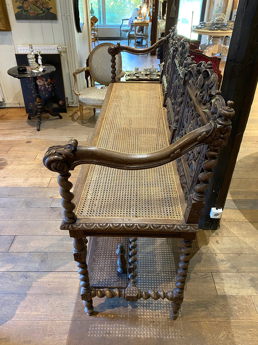 Large, Richly Carved Neo-renaissance Oak Billiard Bench, 19th Century-photo-7