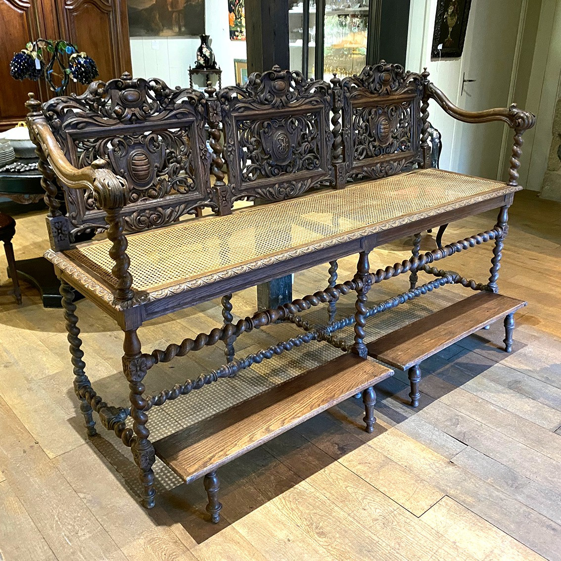 Large, Richly Carved Neo-renaissance Oak Billiard Bench, 19th Century