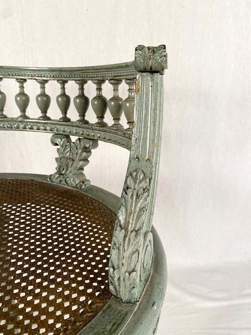 Chaise de style Louis XVI en bois laqué gris / vert et assise cannée-photo-4
