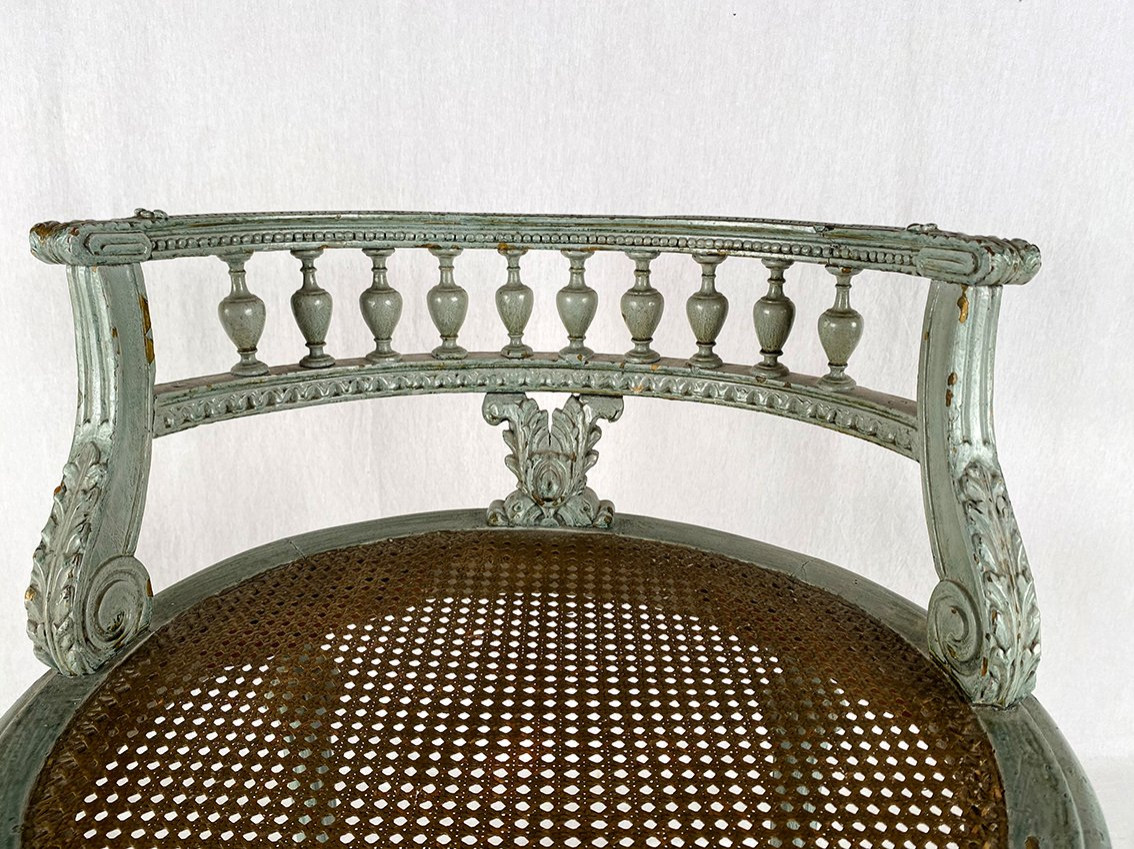 Chaise de style Louis XVI en bois laqué gris / vert et assise cannée-photo-1