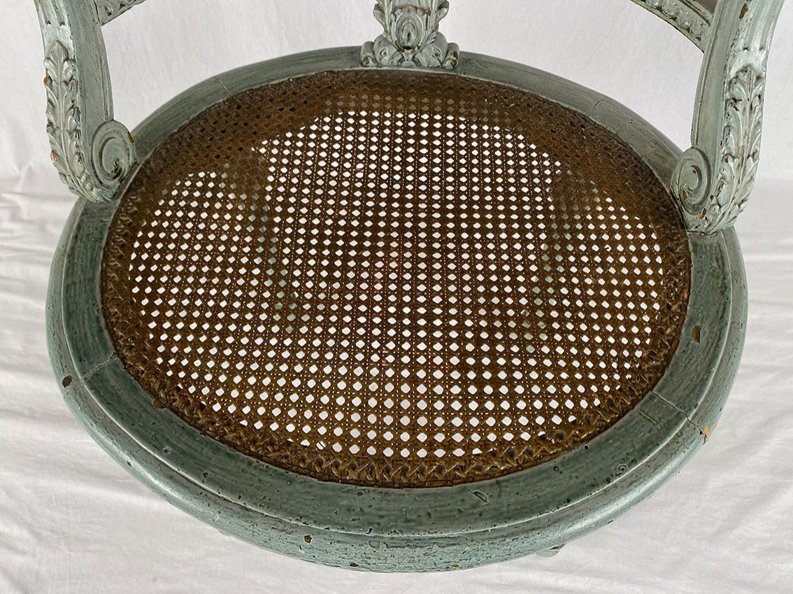Chaise de style Louis XVI en bois laqué gris / vert et assise cannée-photo-2