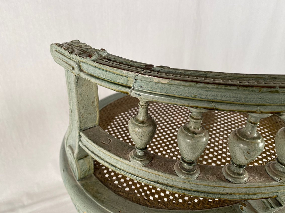 Chaise de style Louis XVI en bois laqué gris / vert et assise cannée-photo-4