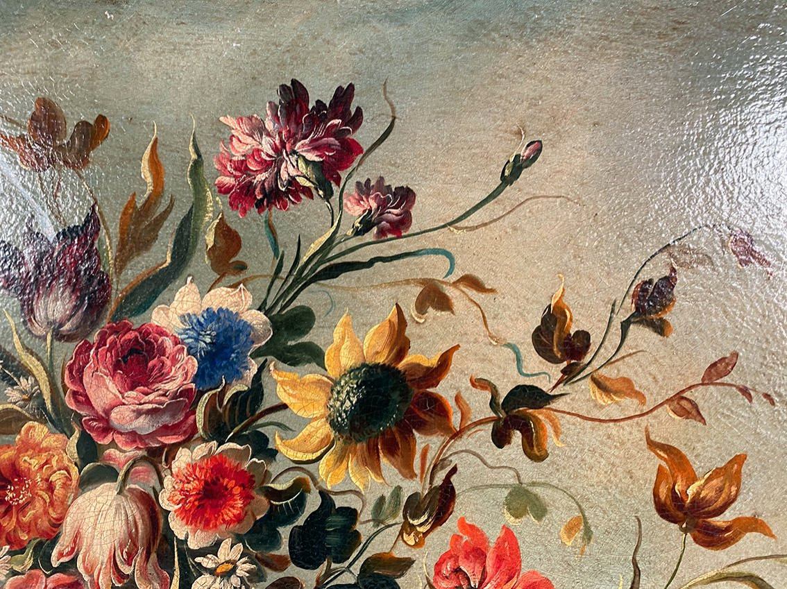 Nature morte au bouquet de fleurs, huile sur toile début XXe-photo-3