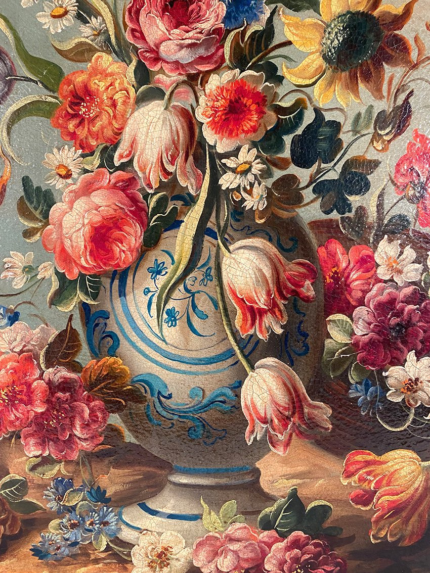 Nature morte au bouquet de fleurs, huile sur toile début XXe-photo-4