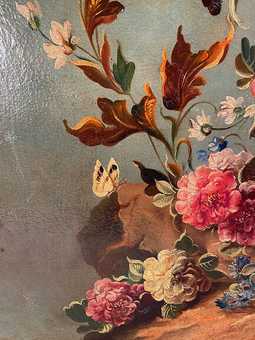 Nature morte au bouquet de fleurs, huile sur toile début XXe-photo-1