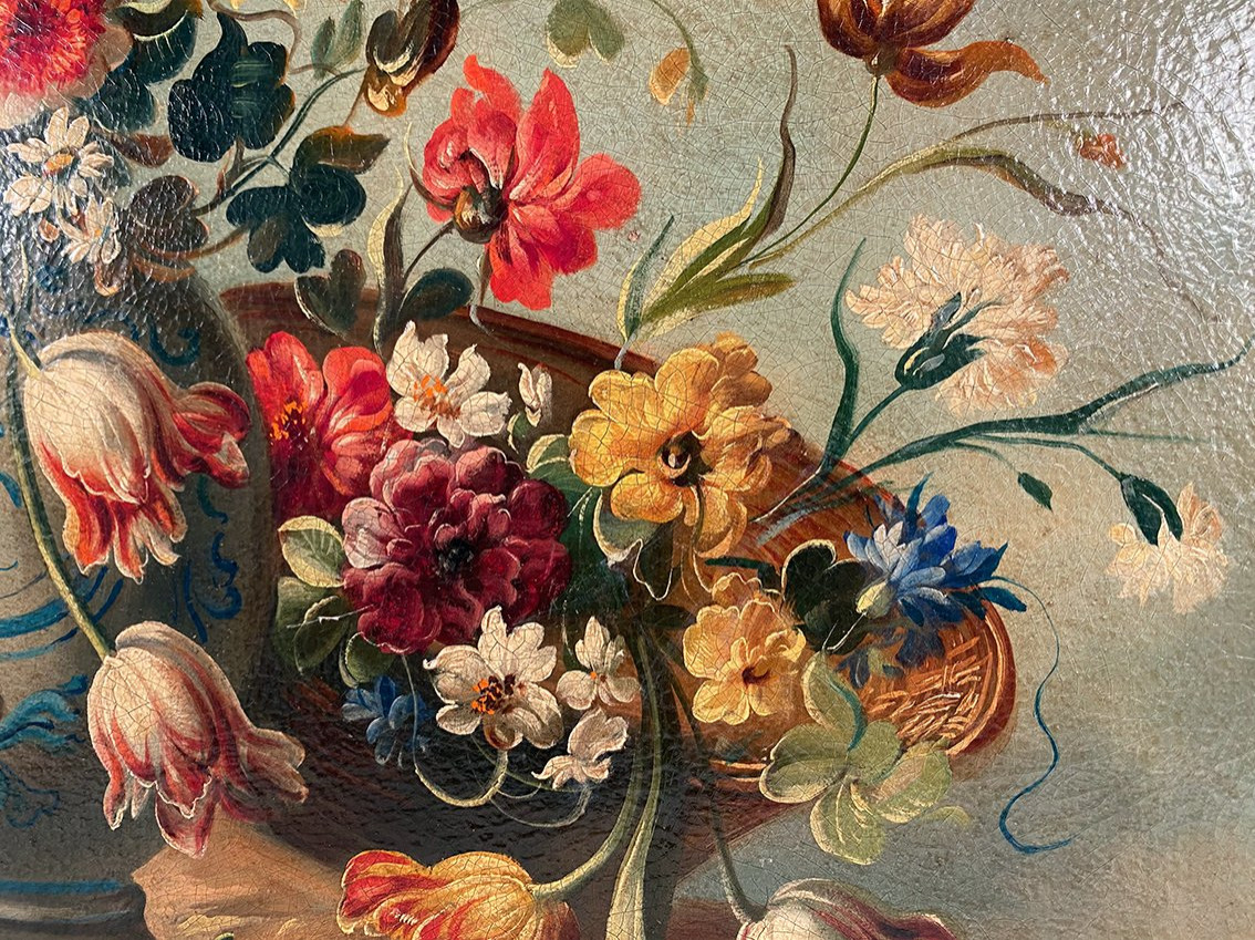 Nature morte au bouquet de fleurs, huile sur toile début XXe-photo-2