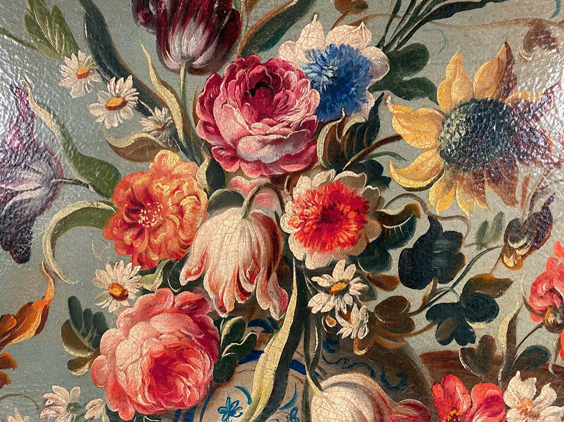 Nature morte au bouquet de fleurs, huile sur toile début XXe-photo-3