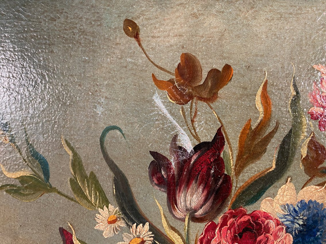 Nature morte au bouquet de fleurs, huile sur toile début XXe-photo-5