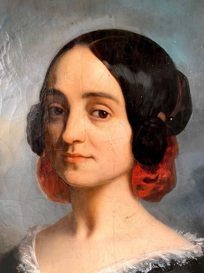 Portrait de femme, huile sur toile signée et datée 1844, Pierre Victor Galland (1822 -  1892)-photo-2