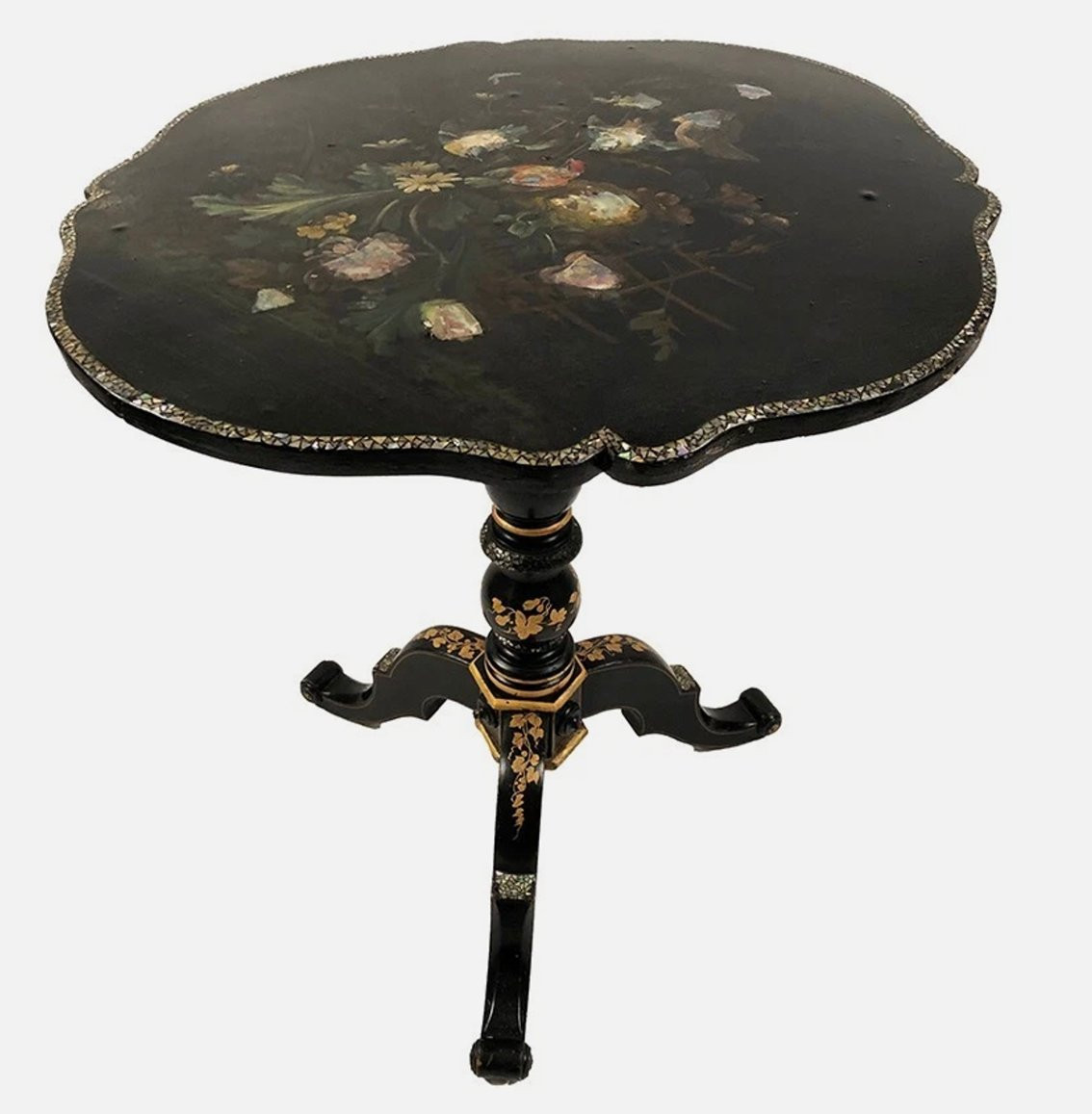 A Tilting Pedestal Table In Blackened Wood With Painted Decoration Of Flowers And Birds, Burgauté Style. Napoleon III-photo-4