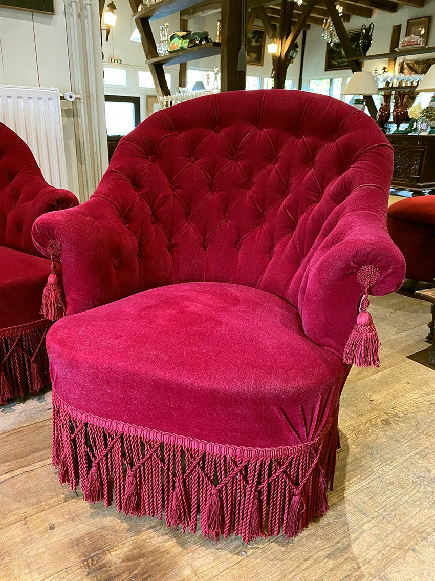 Petit salon crapaud Napoléon III, velours rouge, dossiers capitonnés-photo-2