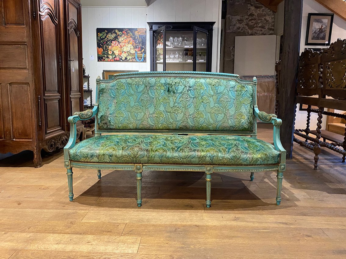 Banquette de style Louis XVI en bois laqué bleu et rechampi or-photo-2