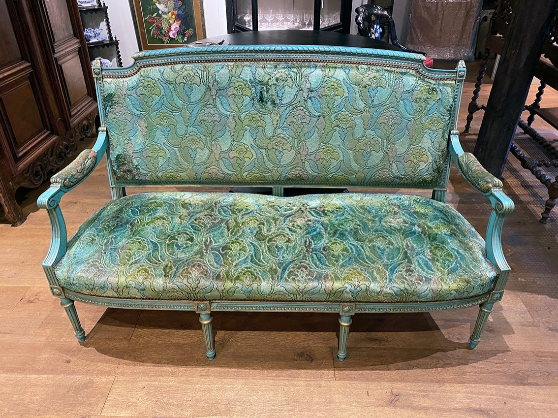 Banquette de style Louis XVI en bois laqué bleu et rechampi or-photo-3