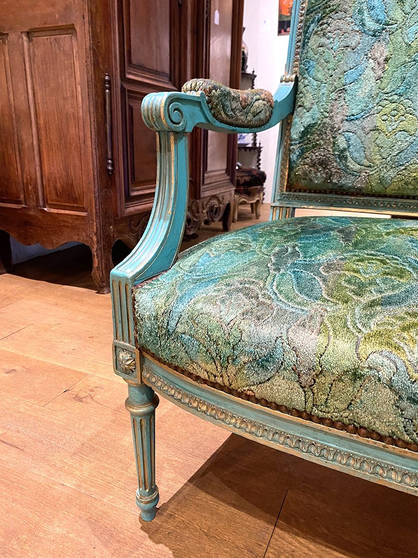 Banquette de style Louis XVI en bois laqué bleu et rechampi or-photo-1