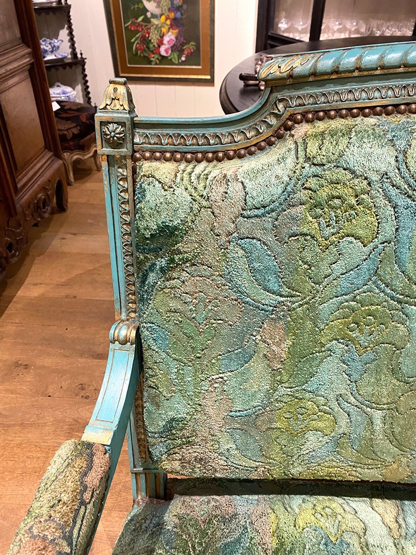 Banquette de style Louis XVI en bois laqué bleu et rechampi or-photo-2