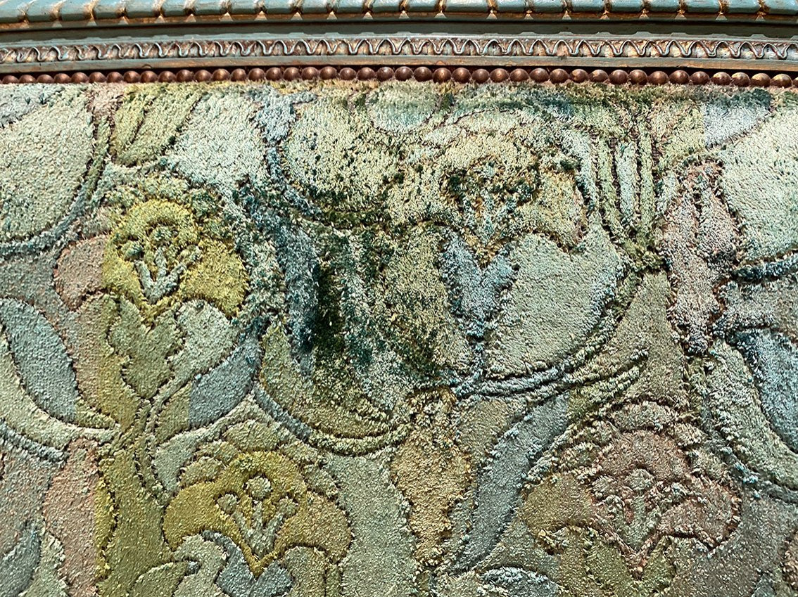 Banquette de style Louis XVI en bois laqué bleu et rechampi or-photo-4