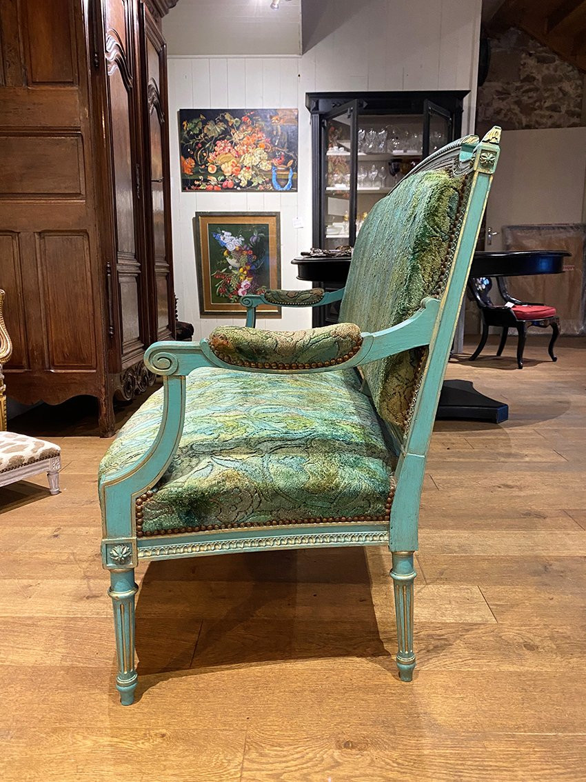 Banquette de style Louis XVI en bois laqué bleu et rechampi or-photo-5