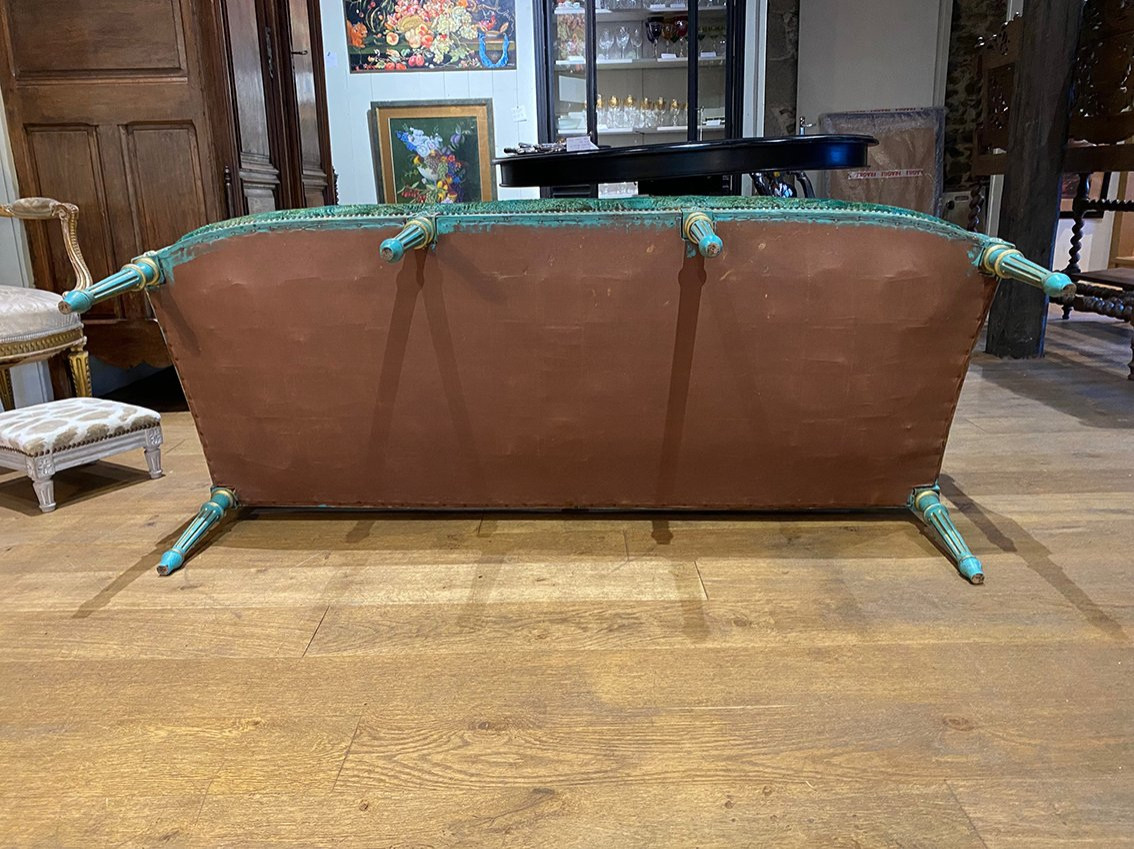 Banquette de style Louis XVI en bois laqué bleu et rechampi or-photo-7