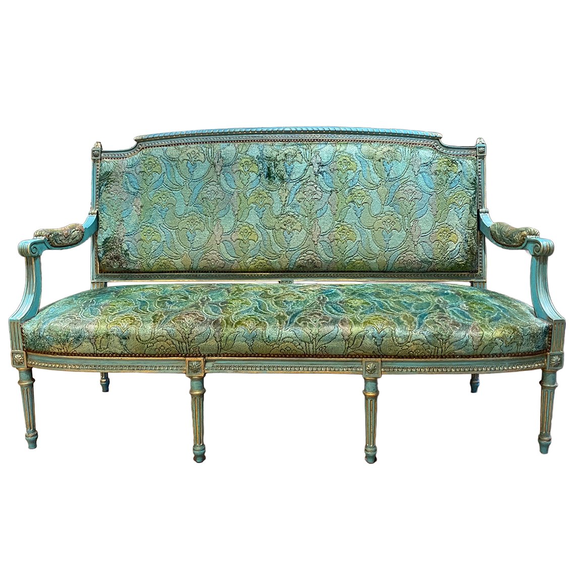 Louis XVI Style Bench In Blue Lacquered Wood With Gold Trim