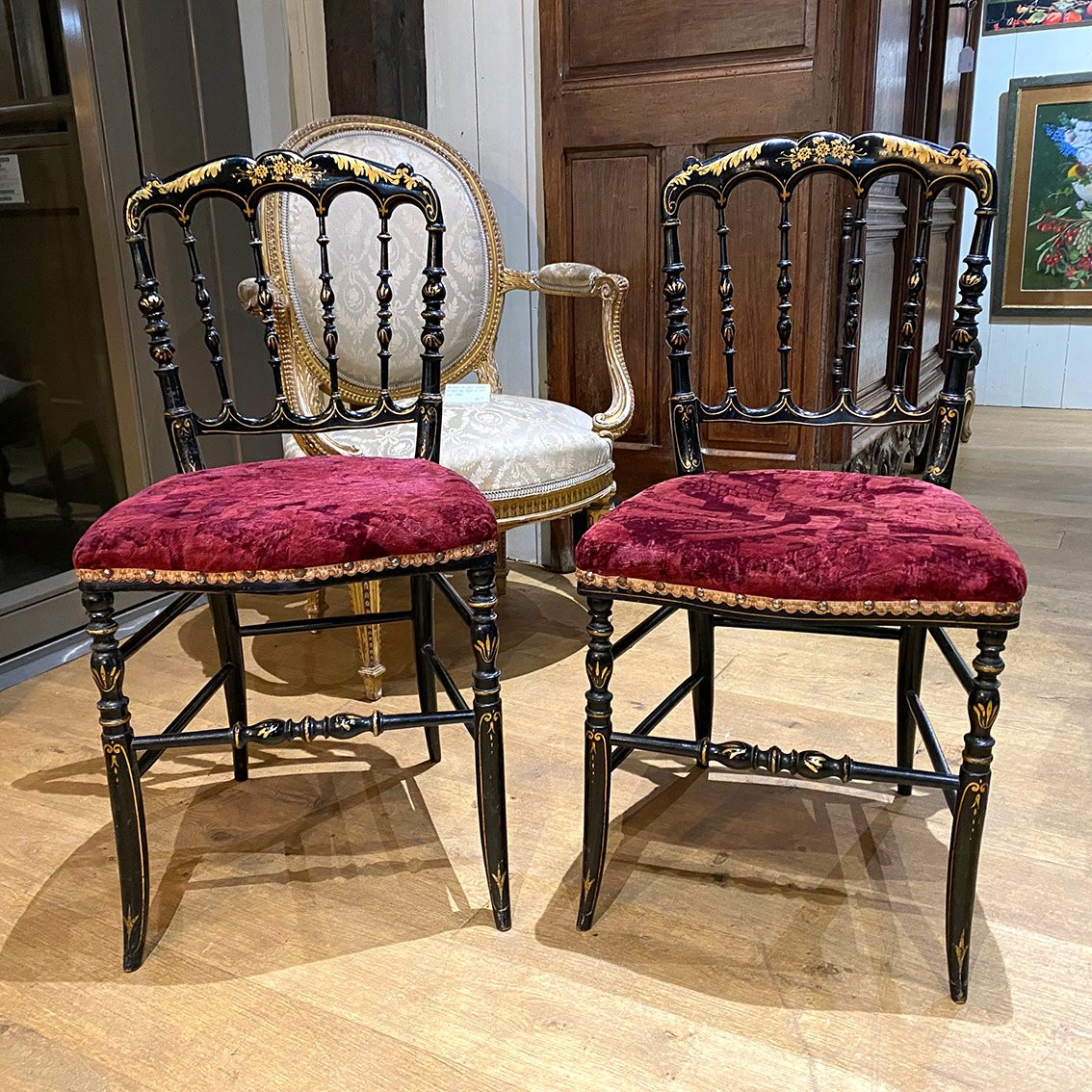 Pair Of Napoleon III Chairs, Black Lacquered Wood With Gold Trim-photo-2