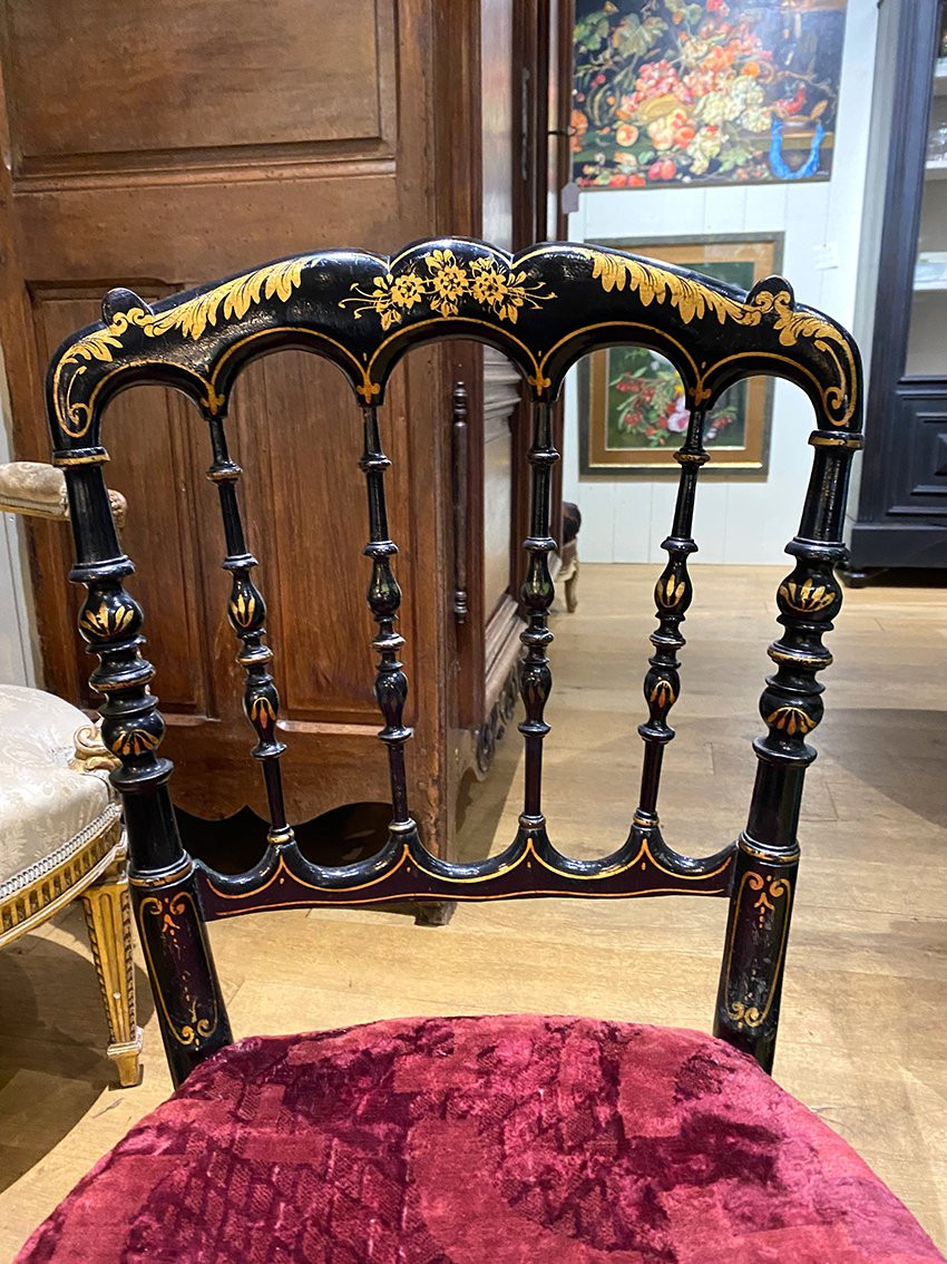 Pair Of Napoleon III Chairs, Black Lacquered Wood With Gold Trim-photo-3