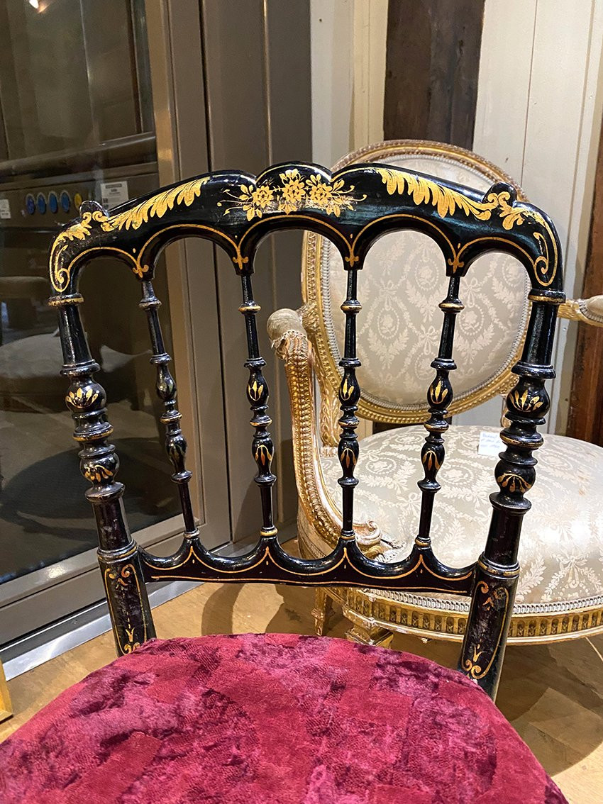 Pair Of Napoleon III Chairs, Black Lacquered Wood With Gold Trim-photo-4