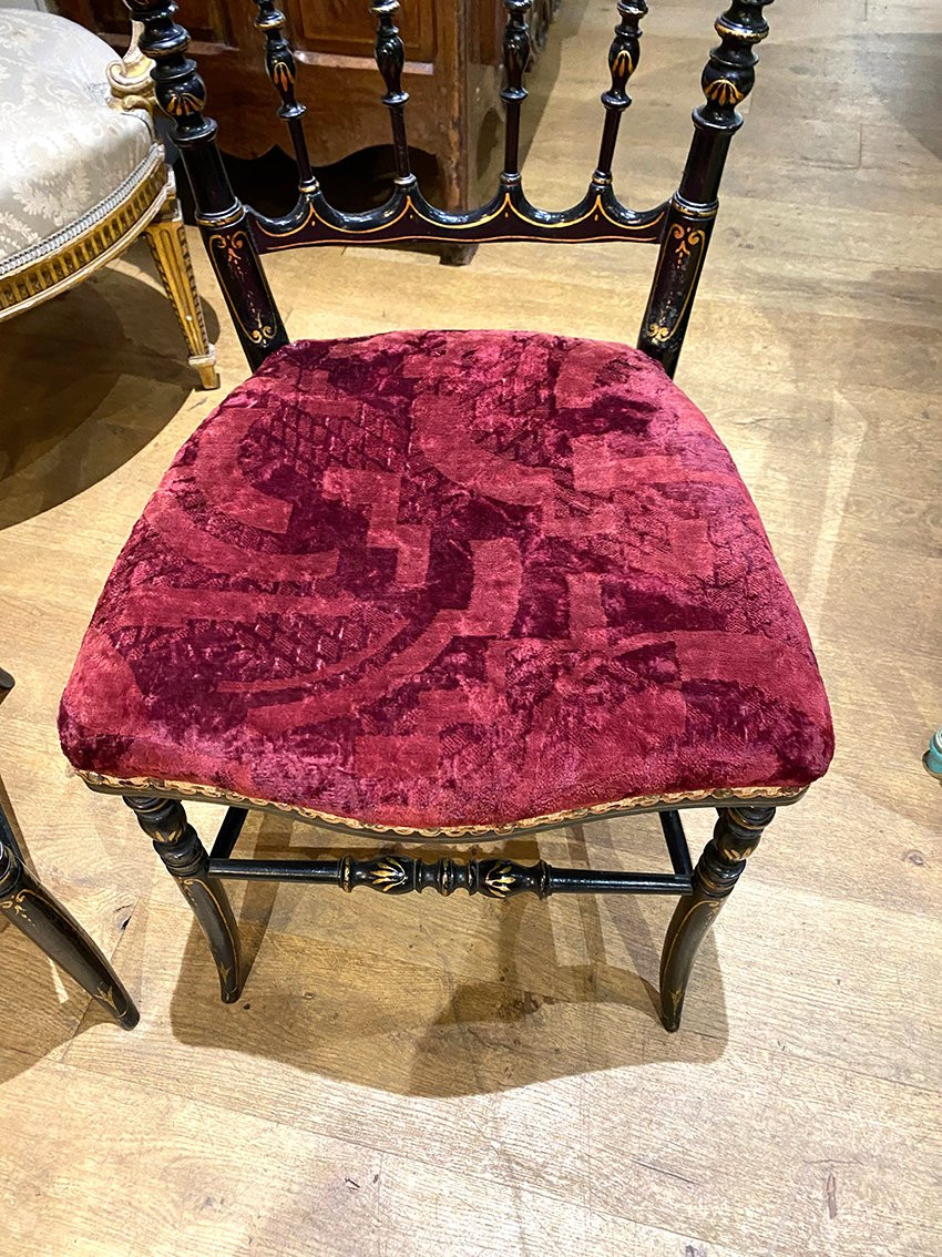 Pair Of Napoleon III Chairs, Black Lacquered Wood With Gold Trim-photo-2