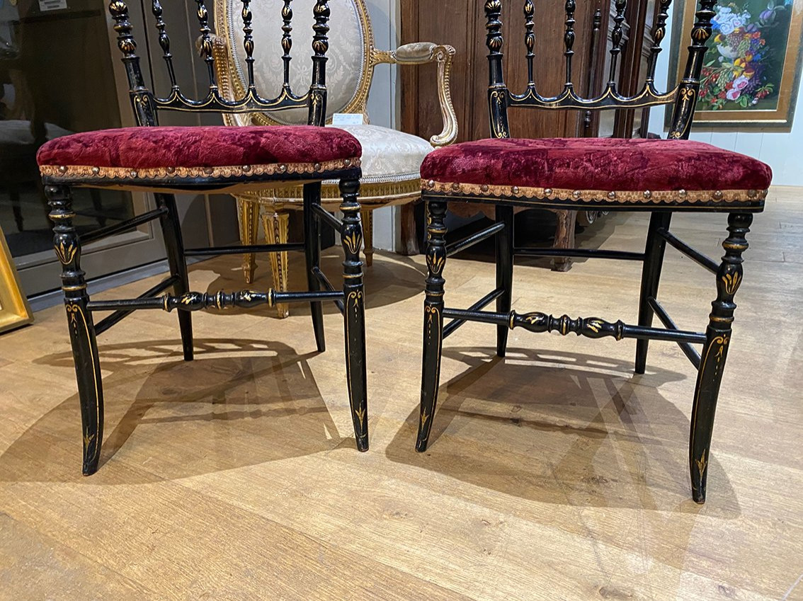 Pair Of Napoleon III Chairs, Black Lacquered Wood With Gold Trim-photo-3