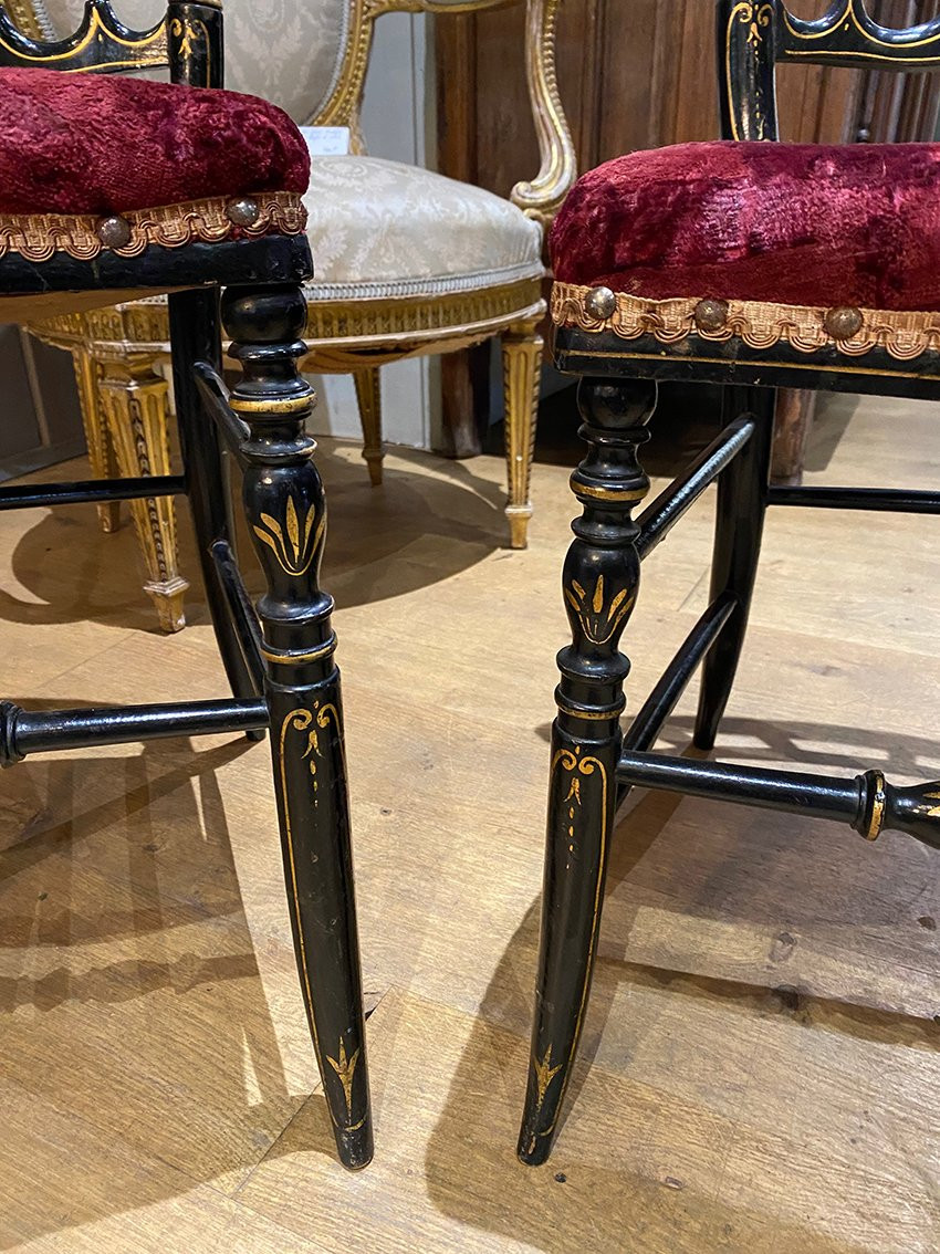 Pair Of Napoleon III Chairs, Black Lacquered Wood With Gold Trim-photo-4