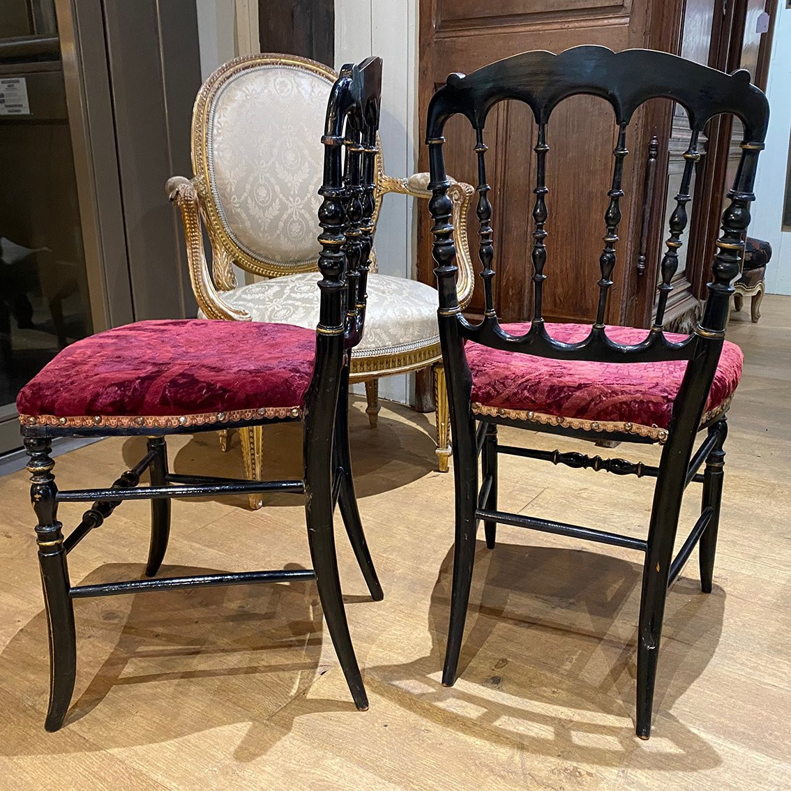 Pair Of Napoleon III Chairs, Black Lacquered Wood With Gold Trim-photo-5