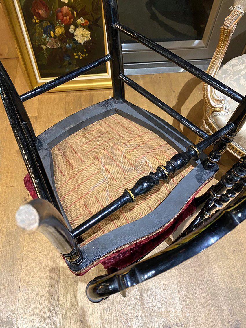 Pair Of Napoleon III Chairs, Black Lacquered Wood With Gold Trim-photo-7