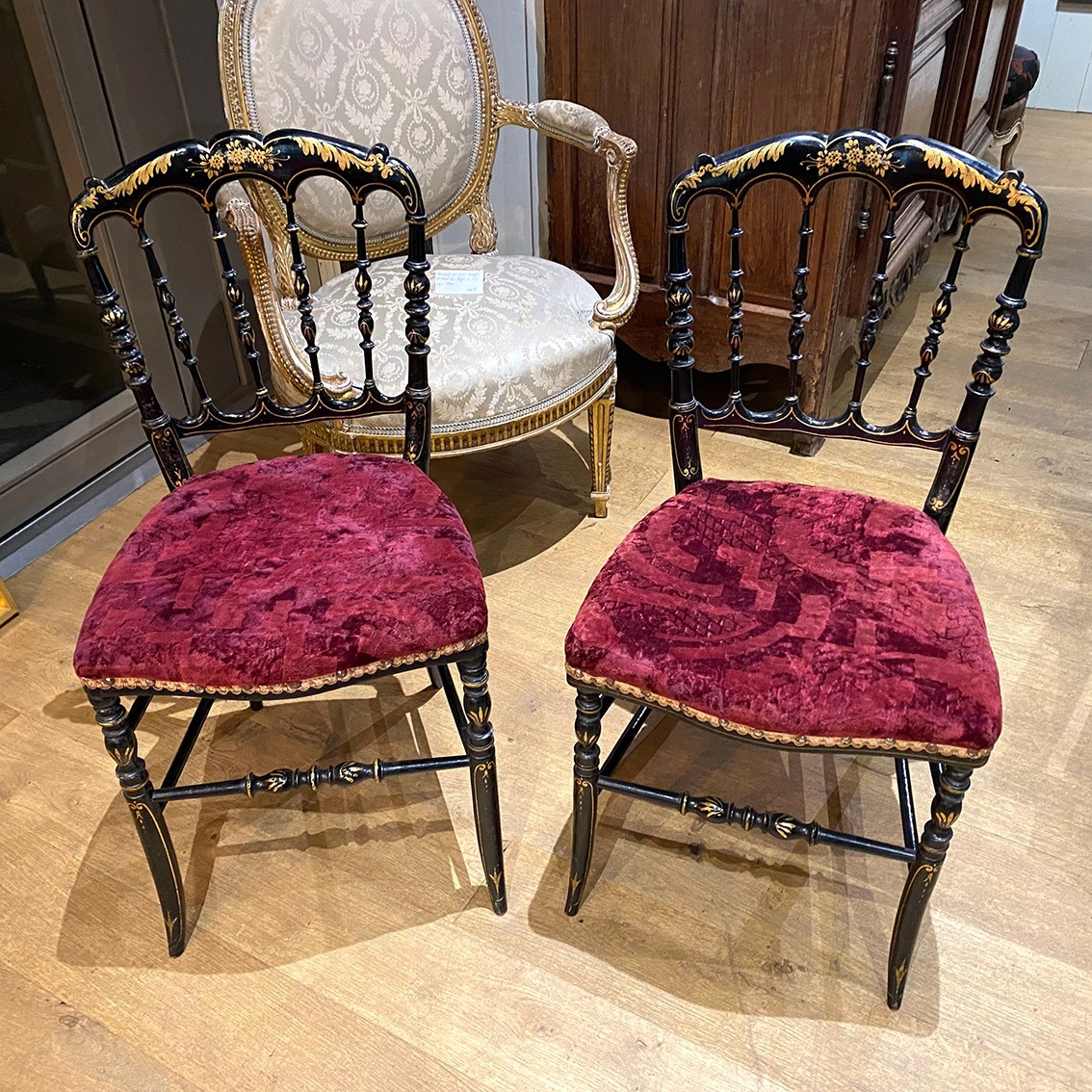 Pair Of Napoleon III Chairs, Black Lacquered Wood With Gold Trim
