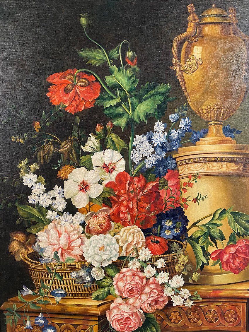 Nature morte aux fleurs à la manière de Gérard van Spaendonck, huile sur toile XXe-photo-2