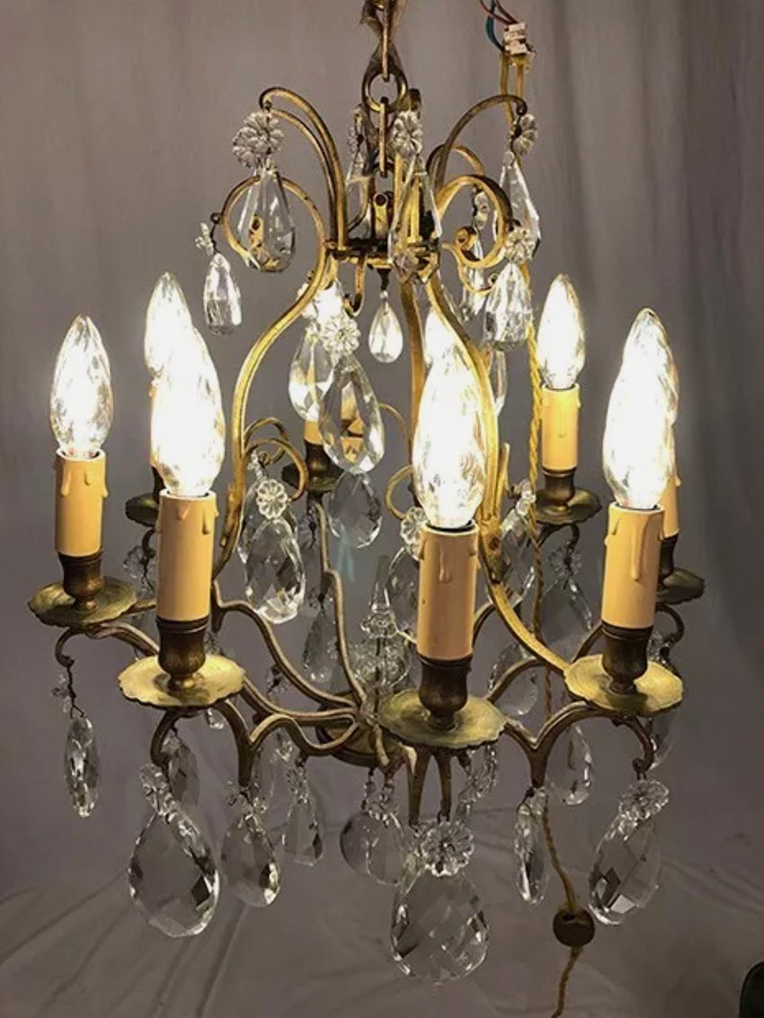 Cage Chandelier In Bronze And Gilt Brass With Glass Pendants-photo-2
