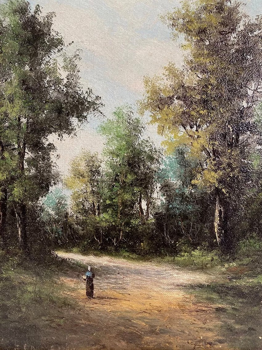 Alain Bonnaud (XXe), petite huile sur toile. « Femme sur un chemin en forêt »-photo-2
